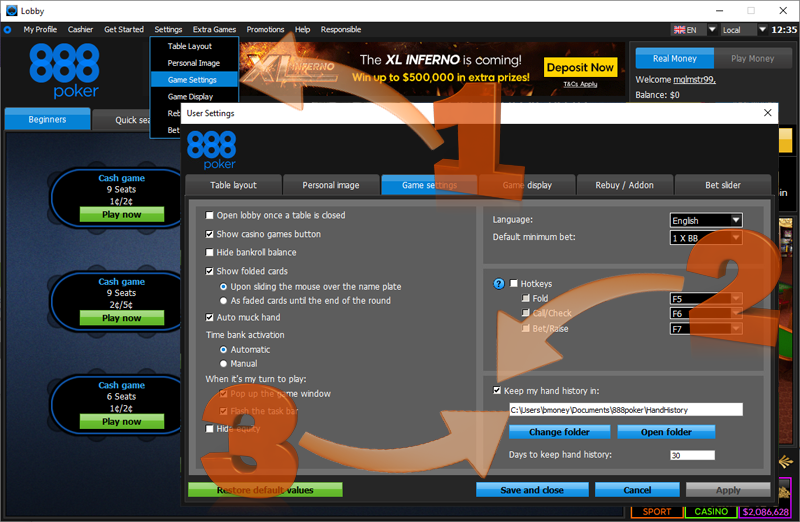 hand history options inside of 888 poker client