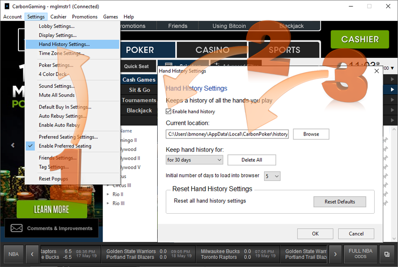 Merge Poker Hand History options