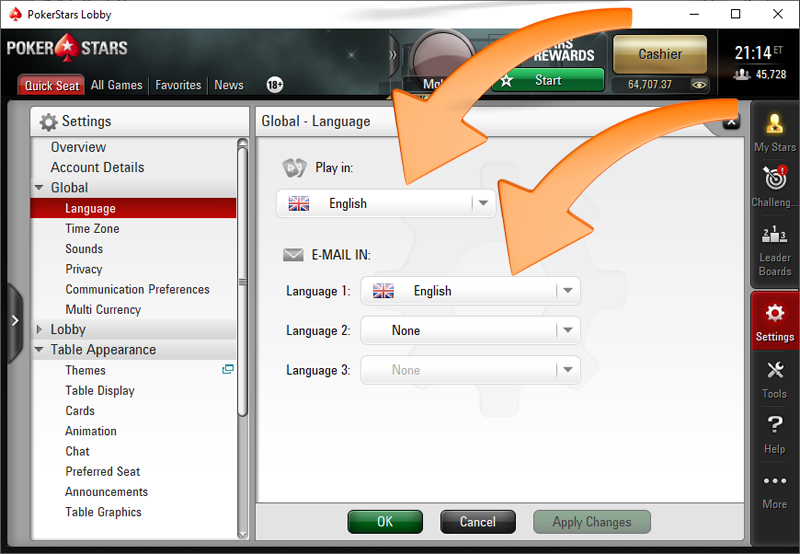 PokerStars language options in poker client