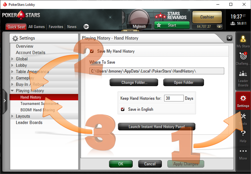 PokerStars hand history options in client