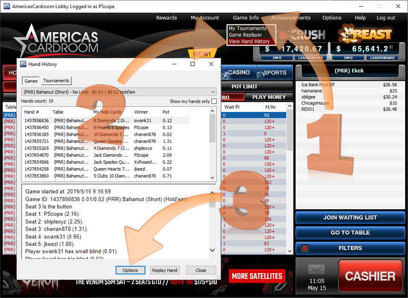 Americas Cardroom hand history options