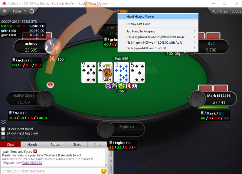 View hand history viewer, last hand and previous hands from a live poker table