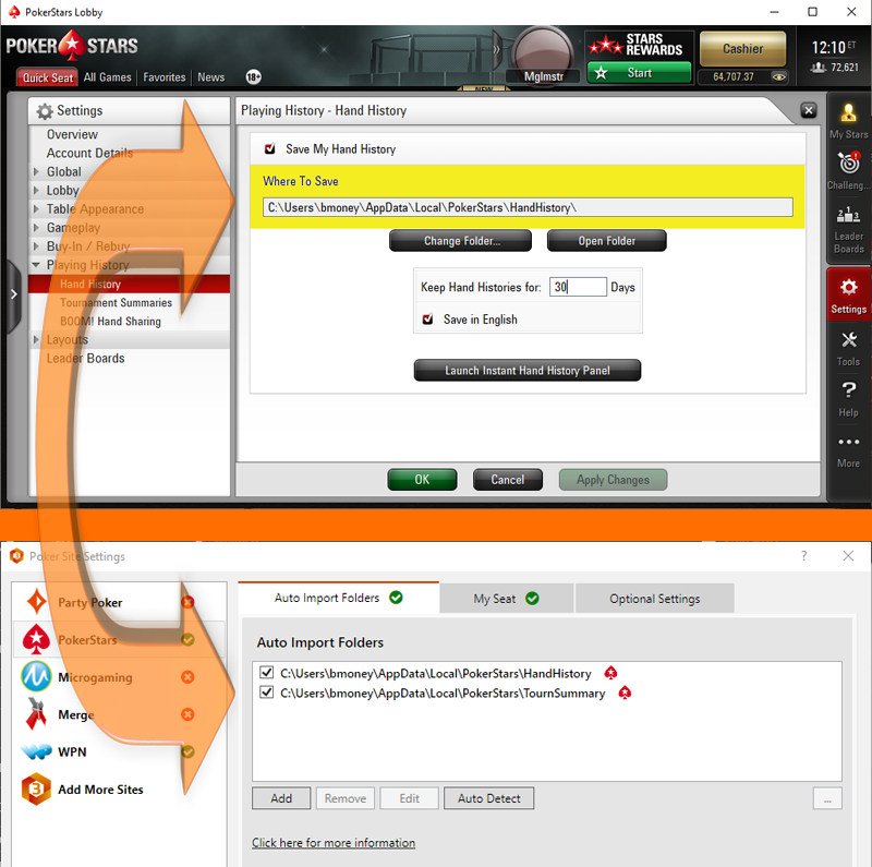 poker site settings in HM3 and poker client