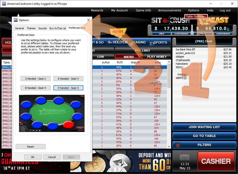 Preferred seating options inside of Americas Cardroom software